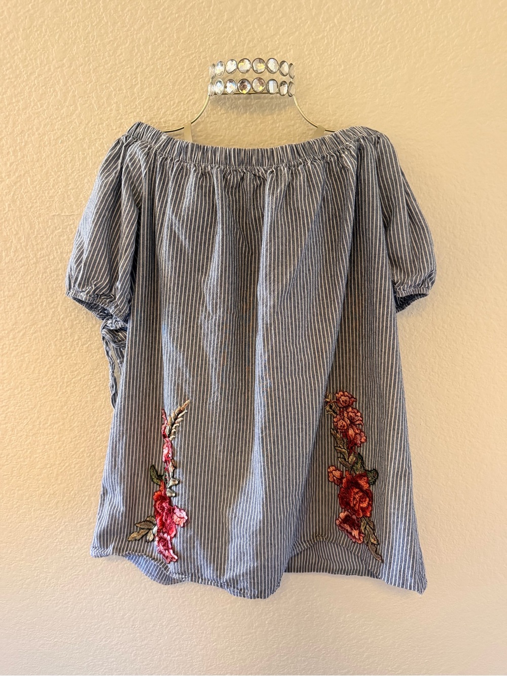 Striped Off-Shoulder Top with Floral Embroidery - Blue